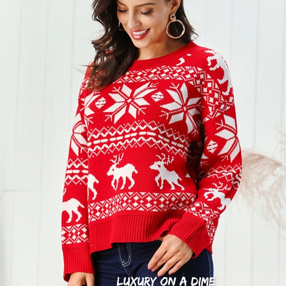 Fair Isle Snowflake Reindeer Knit Round Neck Classic Holiday Minimalist Sweater - Picture 3 of 7